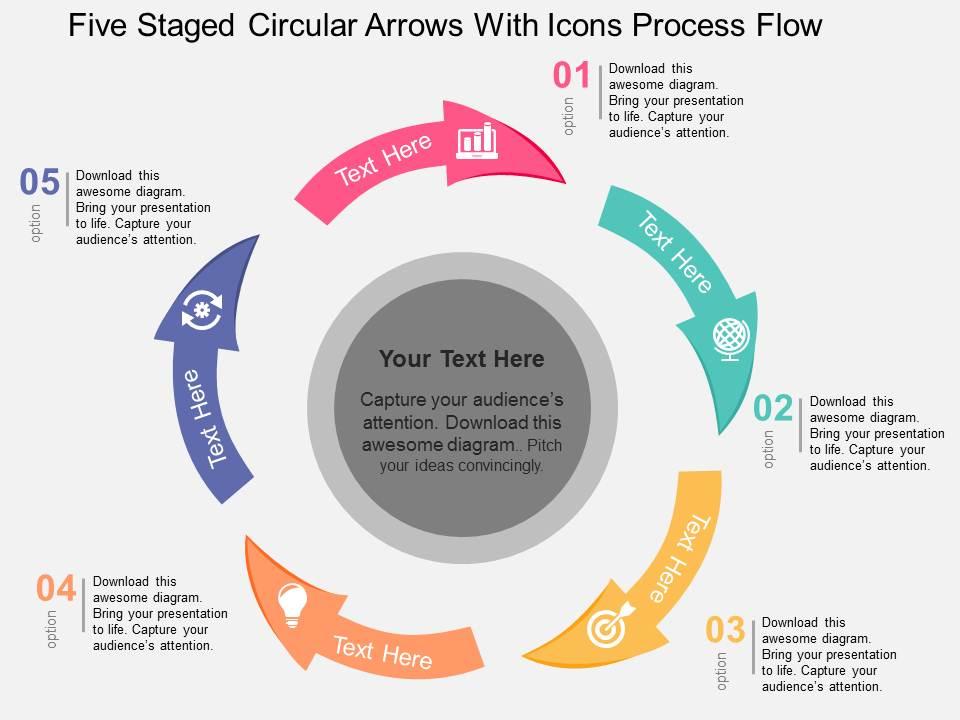 five_staged_circular_arrows_with_icons_process_flow_flat_powerpoint_design_Slide01