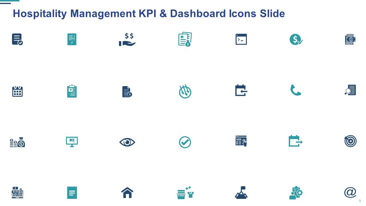 Hospitality management kpi and dashboard icons slide