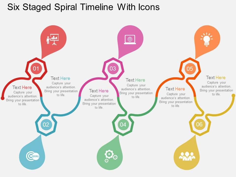 six_staged_spiral_timeline_with_icons_flat_powerpoint_design_Slide01