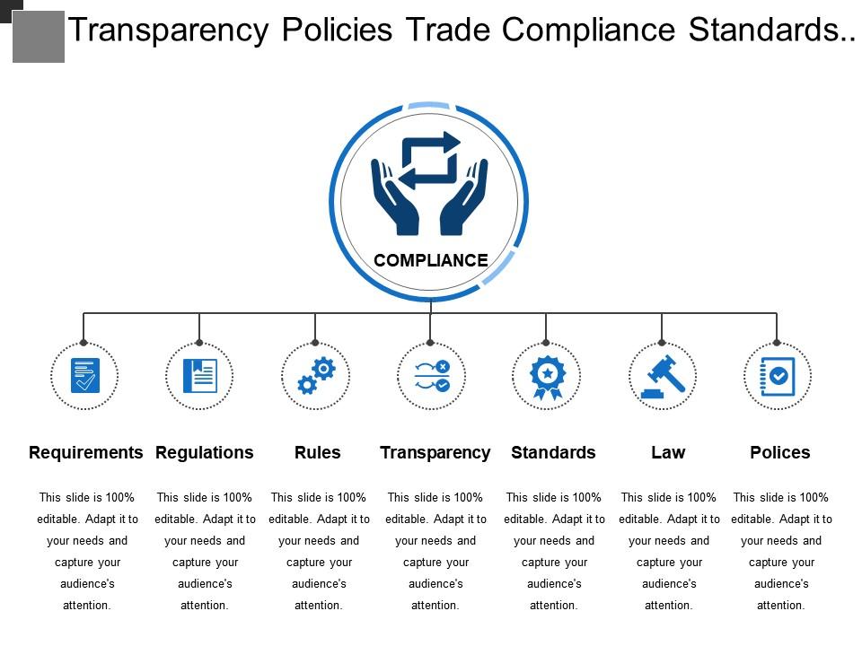 transparency_policies_trade_compliance_standards_with_icons_Slide01