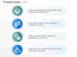 Money in hand dollar sign and piles of coin money and time management ppt icons graphics