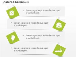 Nature green energy icons for car and bulb wiyh recycle symbol editable icons