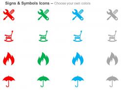 Wrench screwdriver chair flame umbrella ppt icons graphics